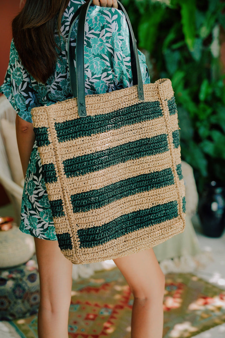 Alina All Over Striped Premium Raffia Tote