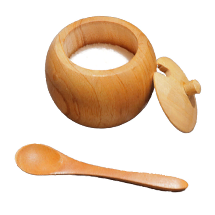 Small Teak Wood Seasoning Bowl with Spoon, Handturned Wooden Spice Jar