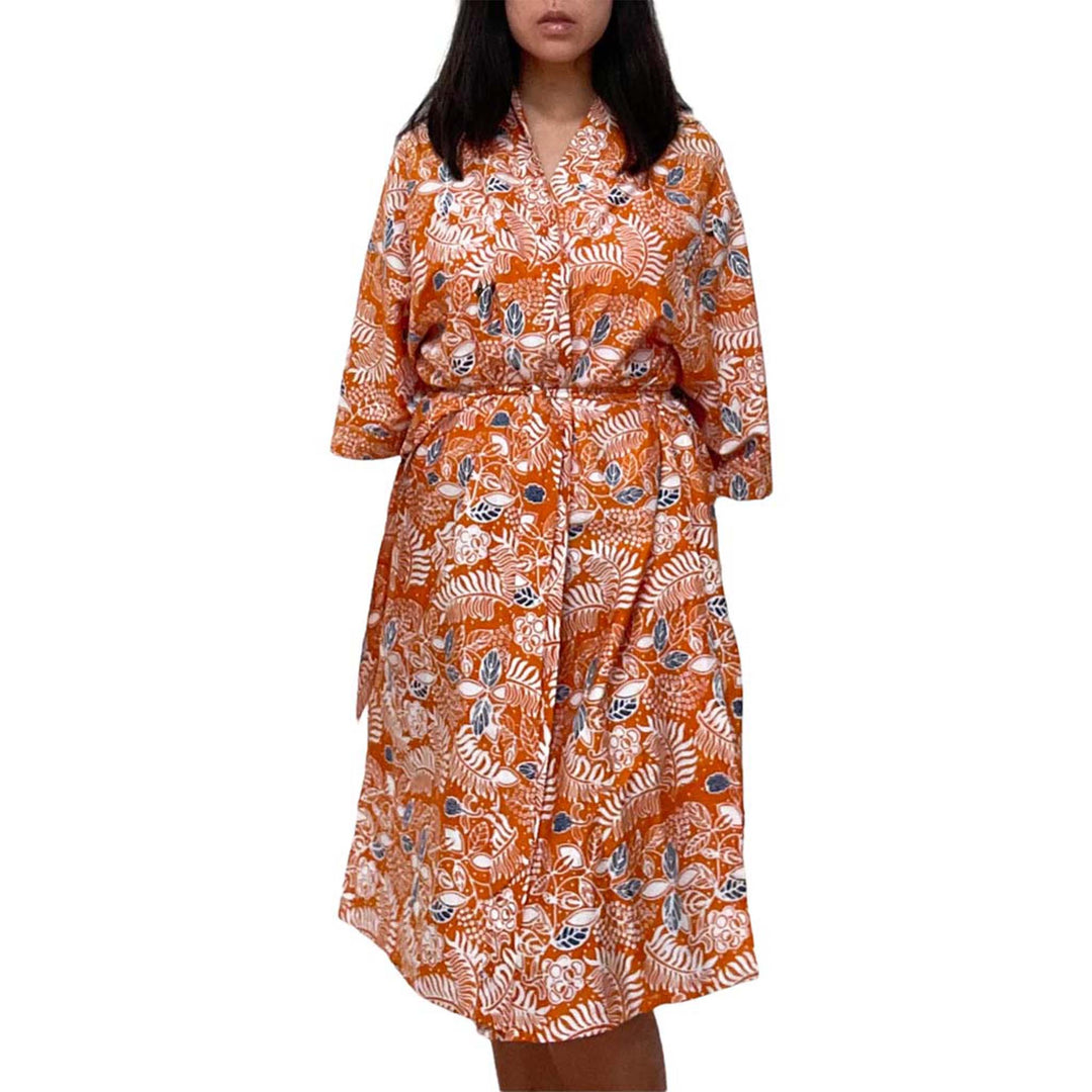Handmade Batik Robe Kimono | Orange Carnelian | Hand Dyed, 100% Cotton, Clementine