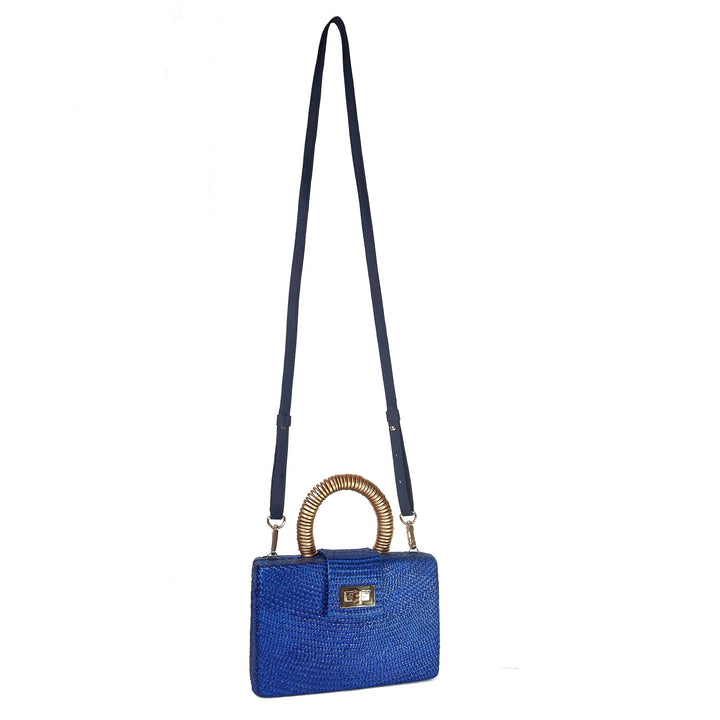 THE GRACIE Navy Blue & Gold Woven Buntal Straw Clutch Bag
