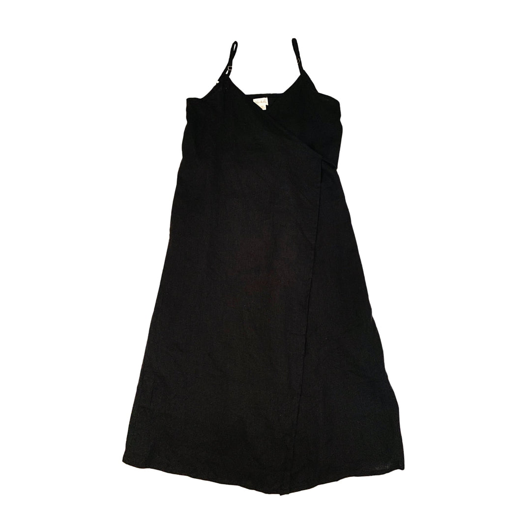 Anita Linen Wrap Front Midi Dress in Black