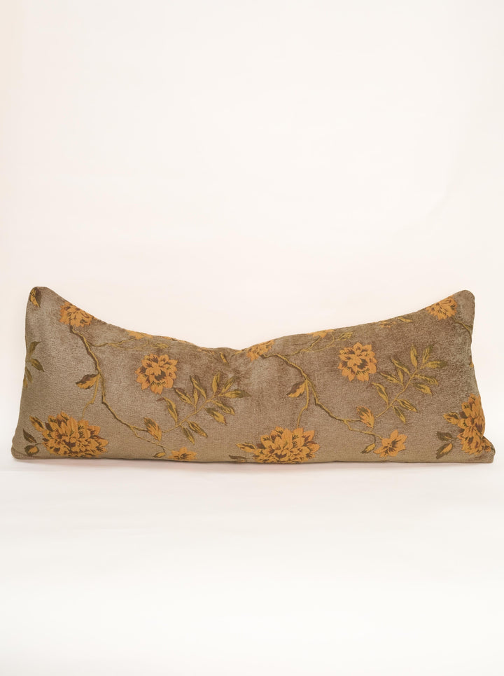 Reversible tapestry long lumbar pillow with brown floral design and golden ochre reverse side with velvet piping