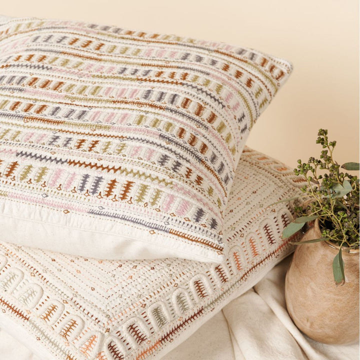 Dahli Coral Hand Woven Hand Embroidered Multicolor White Artisanal Pillow