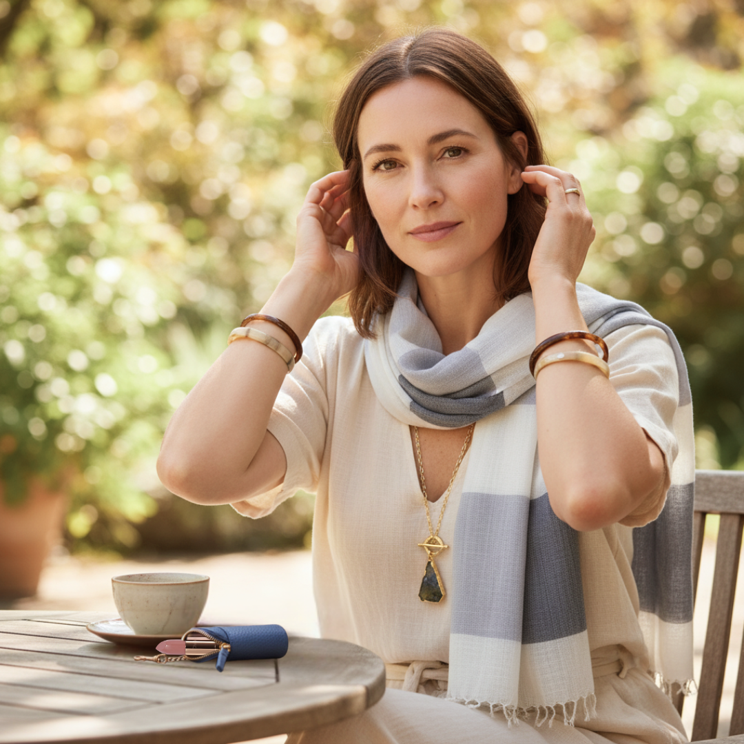 Woman wearing sustainable accessories from the Natural Style curated style kit.