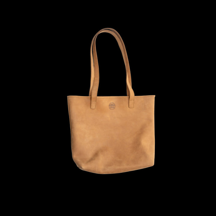 Full grain leather market tote bag in rich brown, handcrafted with visible stitching details and sturdy handles