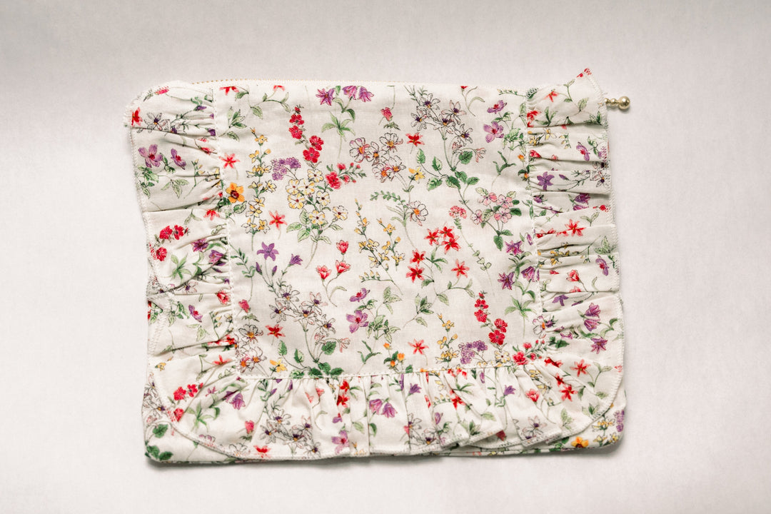 Wildflower Waltz | Timeless Floral Ruffle Zipper Pouch