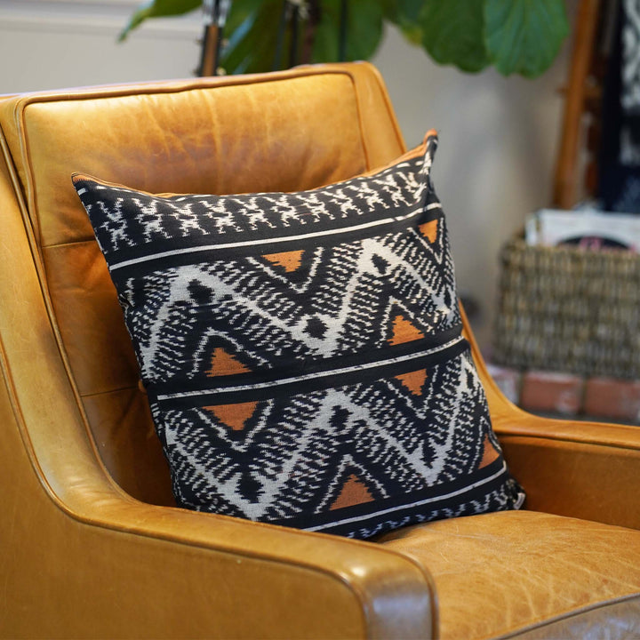Handwoven Ikat Pillow Cover, Heritage Fire, Black and Orange, Cushion