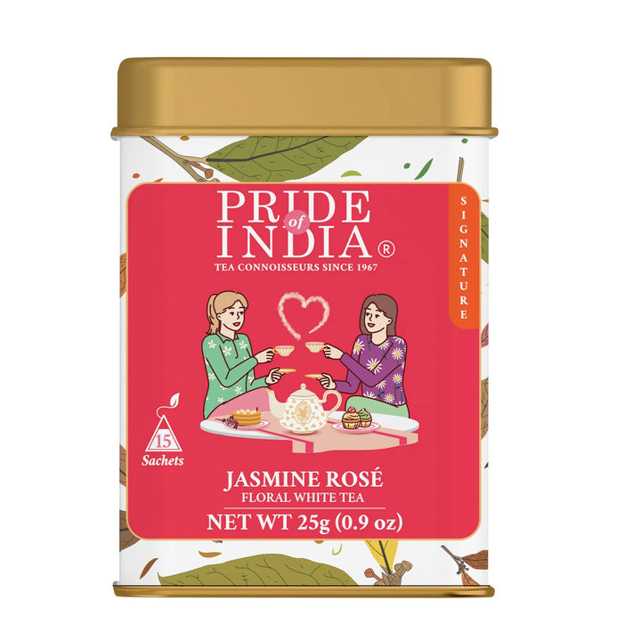 Jasmine rose white tea bags from Darjeeling with delicate silvery-white buds in individual wrapping