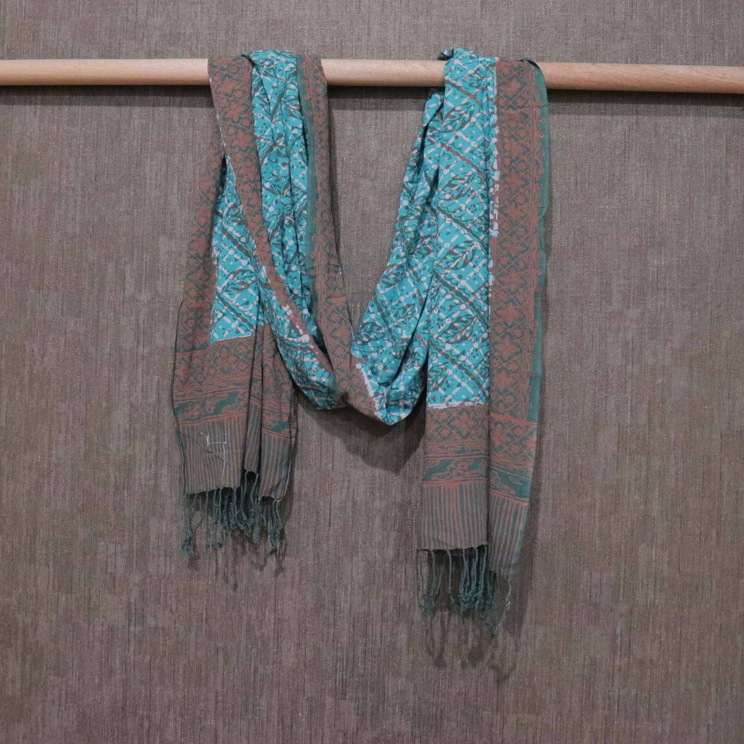 Handmade Batik Scarf | Soft Cotton, Leaf Grid, Green, Leaves, Vines, Cream