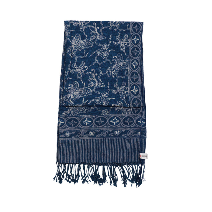 Handmade Batik Scarf, Blue White, Cotton Fabric, Butterfly