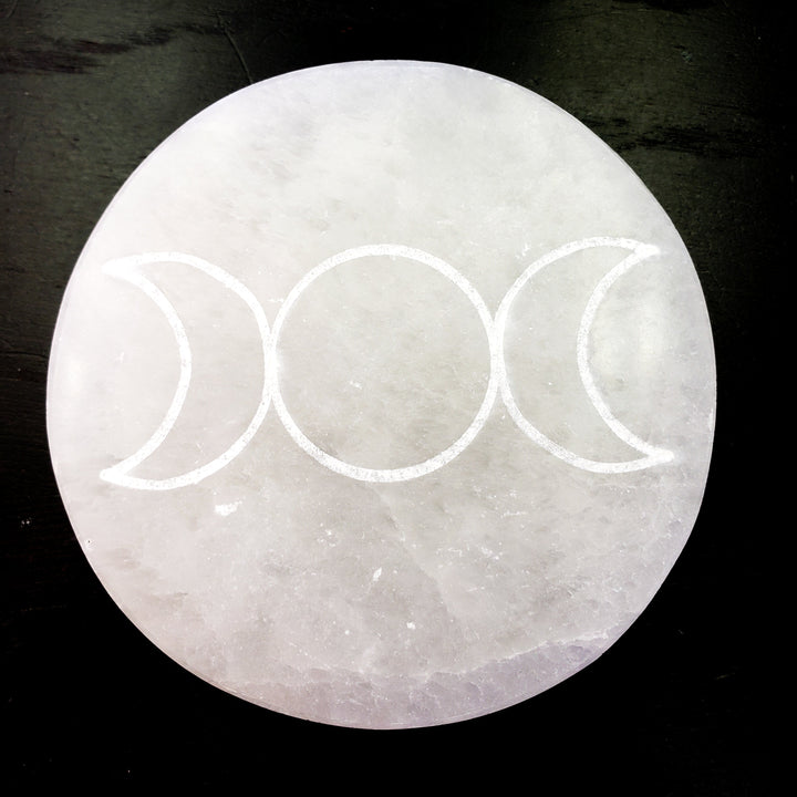 Moon phase engraved selenite charging plate with crystal placement surface handmade in Morocco