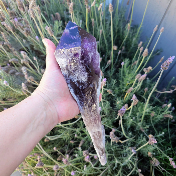 Grade A elestial amethyst root point crystal from Brazil showing natural purple color and stepped formations