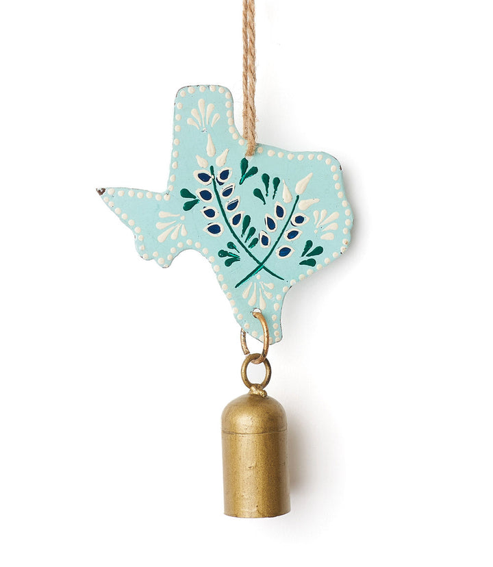 Hand-painted Texas bluebonnet wind chime with metal bell and jute hanger showing blue wildflower design