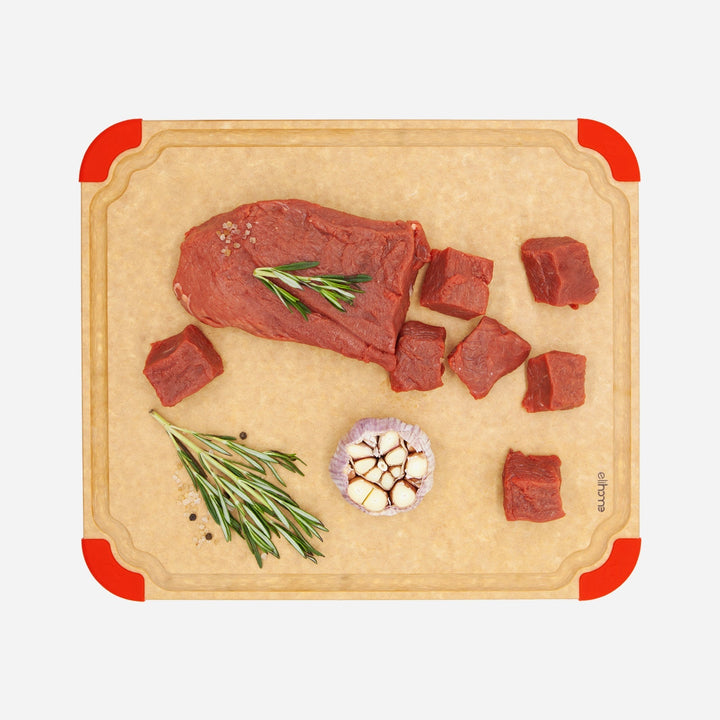 Large color coded cutting board with non-slip corners and juice groove for safe kitchen food preparation