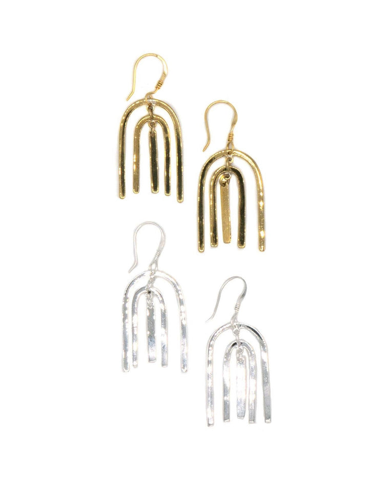 Handmade arch dangle earrings in alpaca silver showing curved lightweight design measuring 2 inches