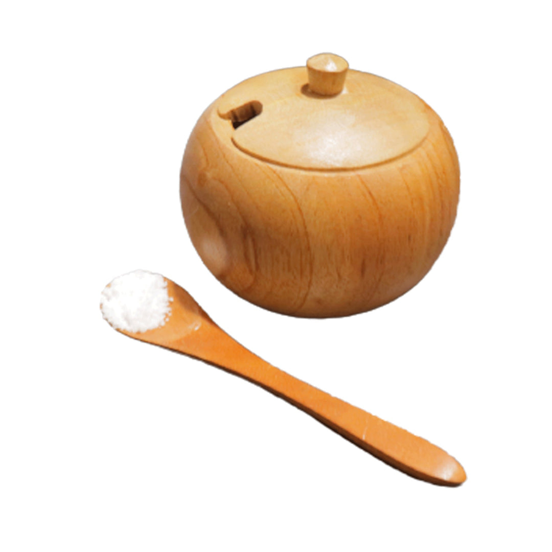 Small Teak Wood Seasoning Bowl with Spoon, Handturned Wooden Spice Jar