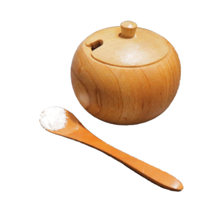Small Teak Wood Seasoning Bowl with Spoon, Handturned Wooden Spice Jar
