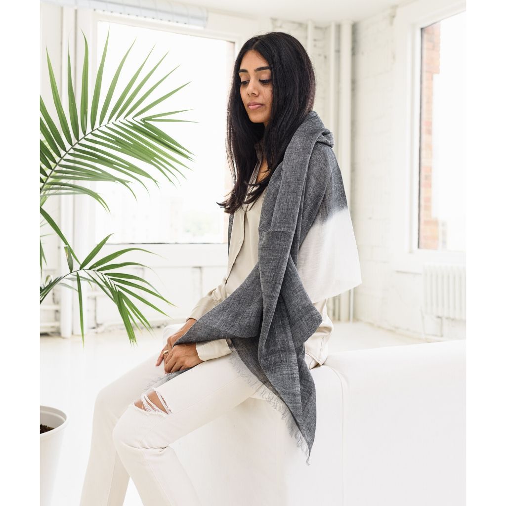 Granite Black White Ombre Linen Silk Handloom Scarf