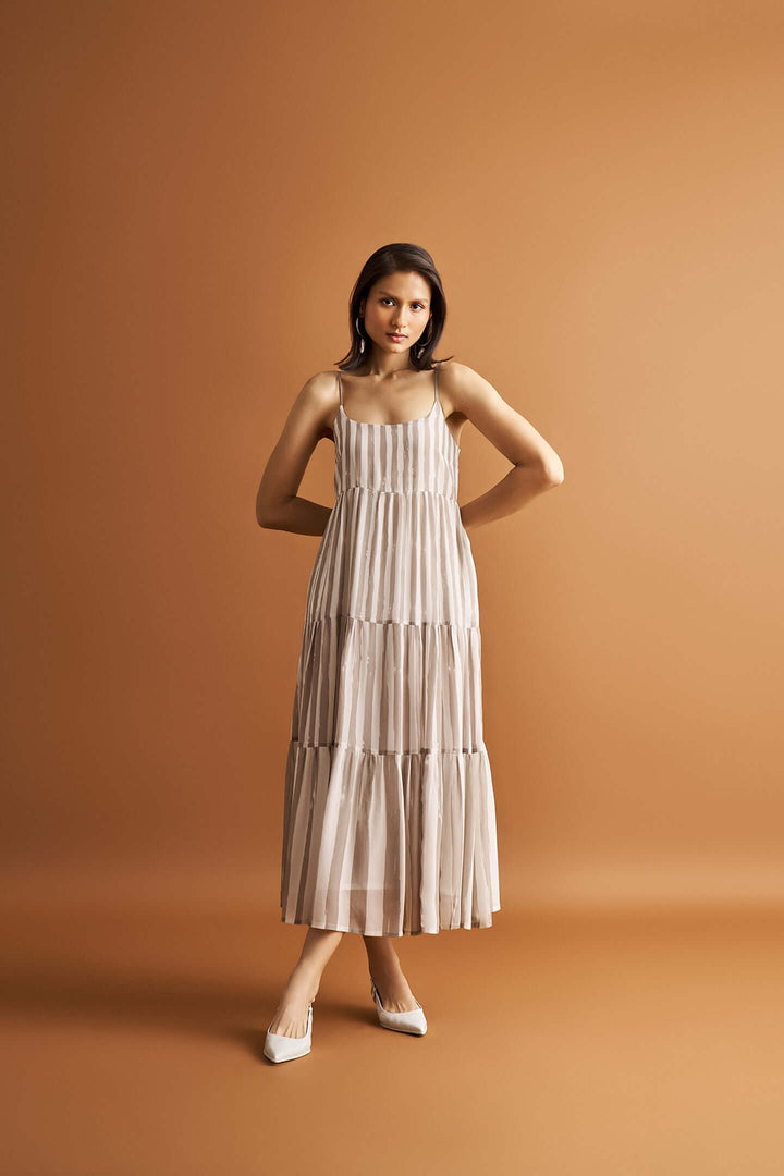 Strappy Tiered Maxi Dress - Beige Stripes