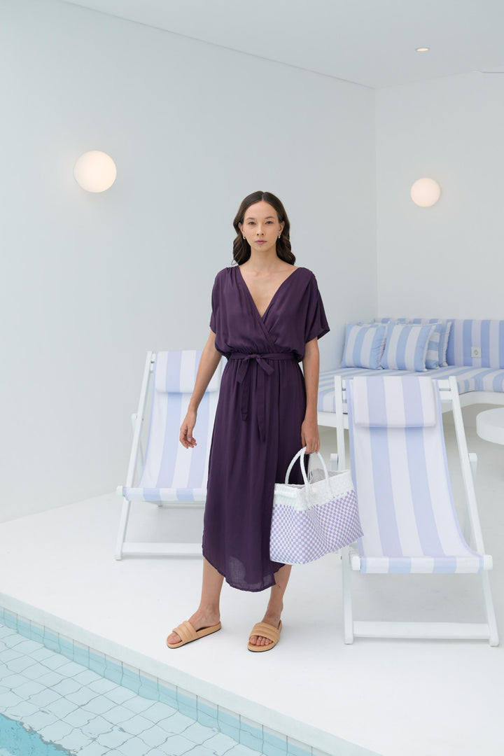 Lola Recycled Plastic Woven Tote Large - White and Lite Purple Checker