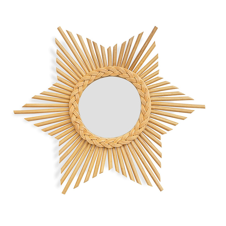 Natural rattan starburst wall mirror with woven sunburst design in golden brown tone