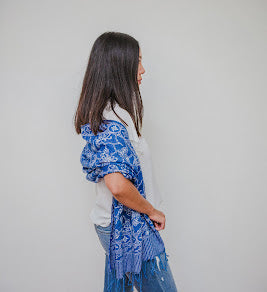 Handmade Batik Scarf, Blue White, Cotton Fabric, Butterfly