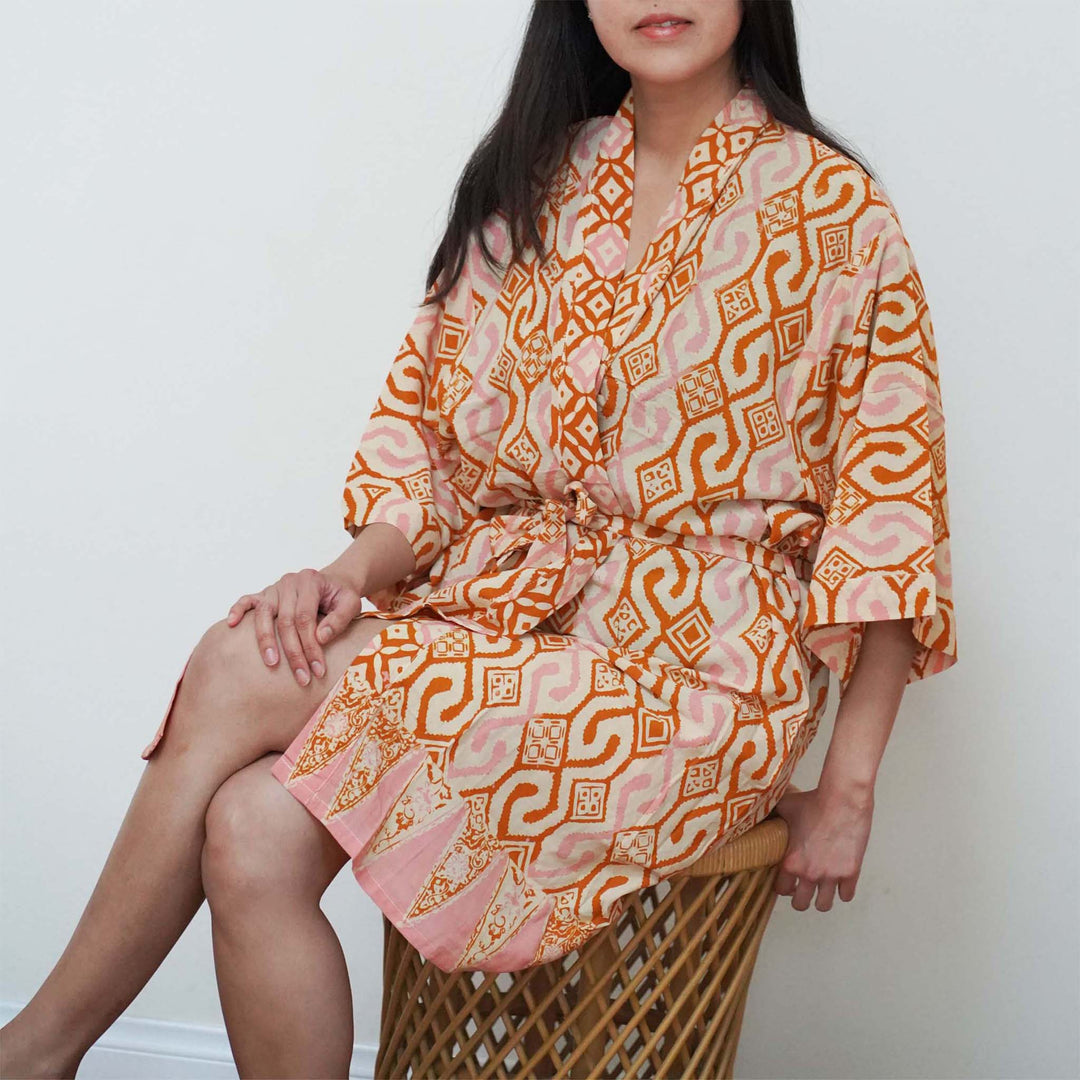 Hand Dyed Batik Robe Kimono, 100% Cotton Soft, Orange Pink Sunset Mosaic, Clementine