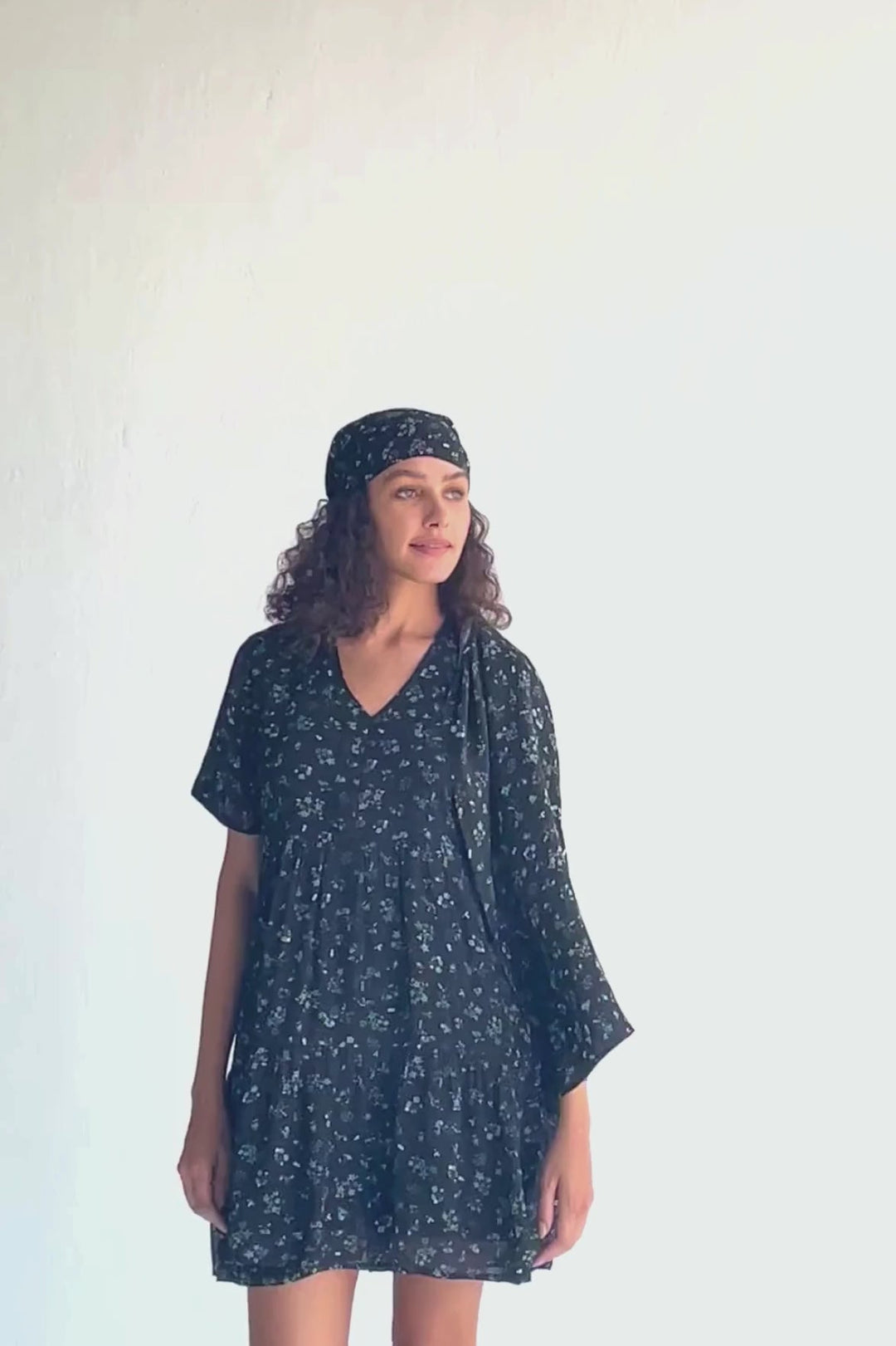 Floral Short Tiered Dress in Dark Blue