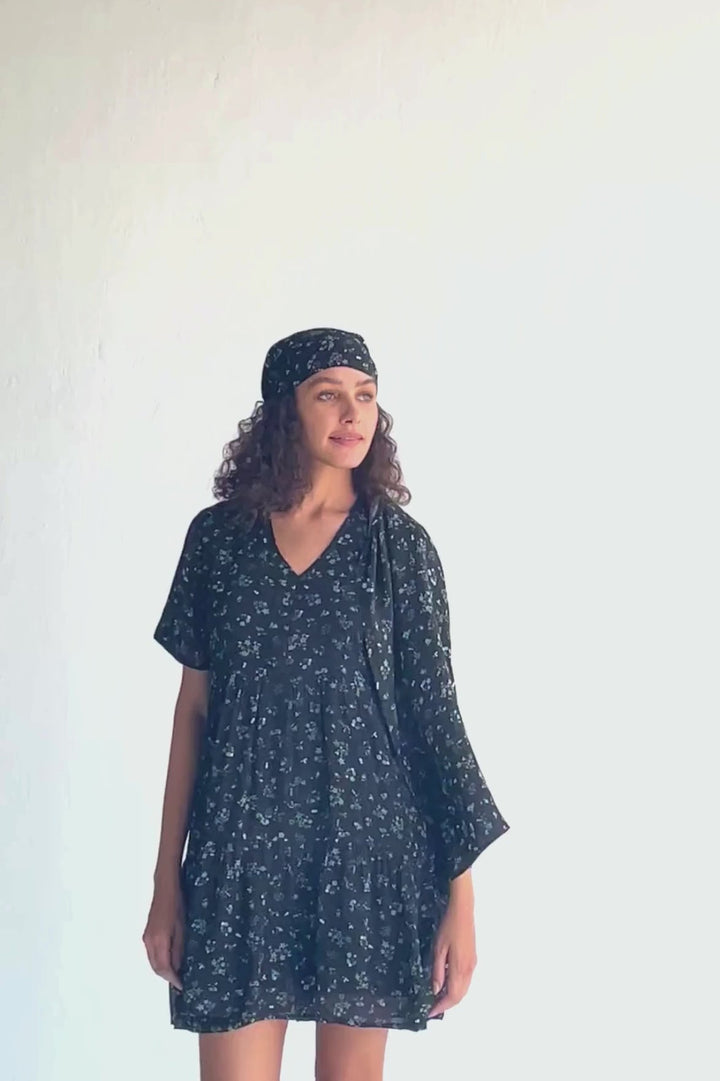 Floral Short Tiered Dress in Dark Blue