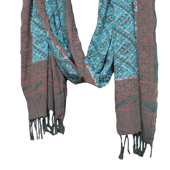 Handmade Batik Scarf | Soft Cotton, Leaf Grid, Green, Leaves, Vines, Cream