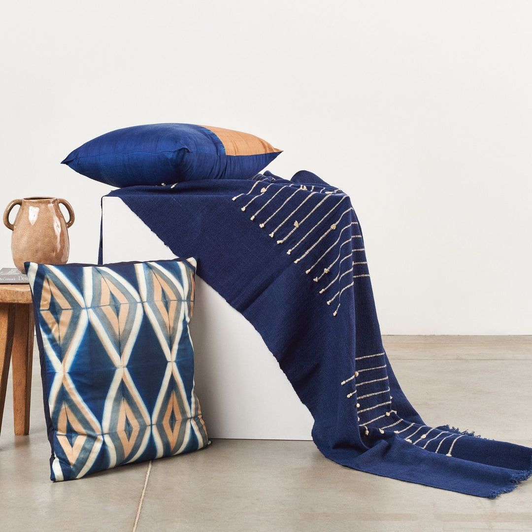 Rosewood Indigo With Hand Knotted Stripes Handloom Merino Throw