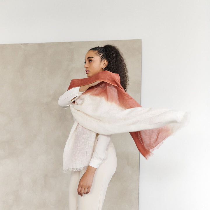 Pecan Brown Ombre Dyed Hand Woven Linen Scarf