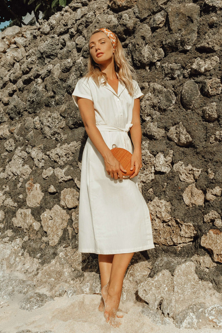 Arya Safari Linen Midi Dress - Off White