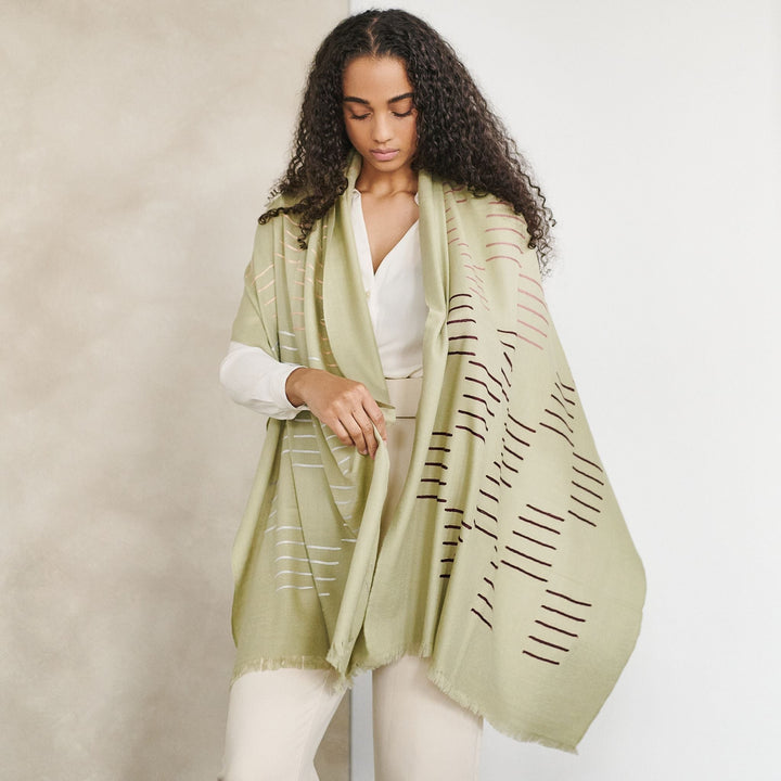 Sea Salt Pastel Green Hand Woven Hand Embroidered Silk Merino Classic Scarf