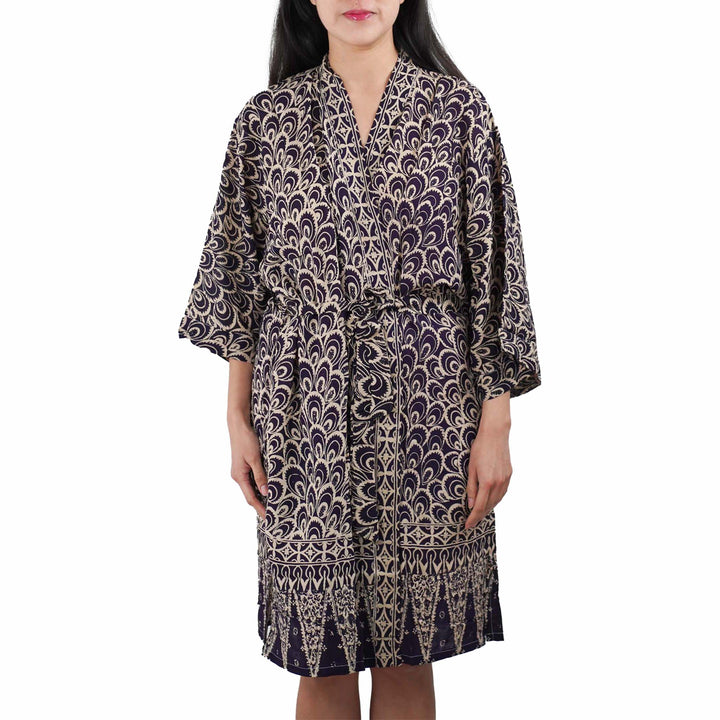 Handmade Batik Robe Kimono | 100% Cotton | Soft, Hand Dyed | Black Gray Peacock