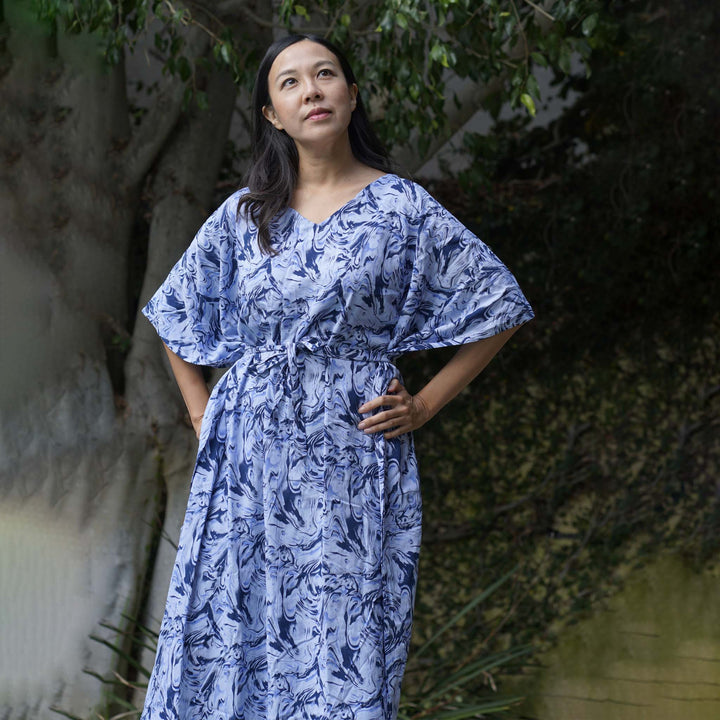 Kaftan Dress Rayon Blue Marble Lightweight