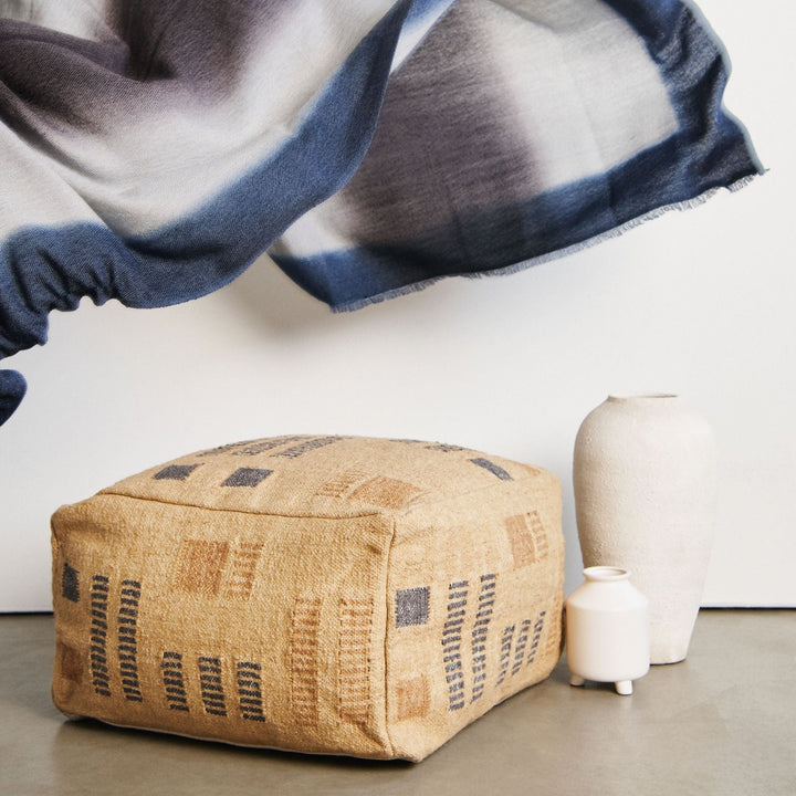 Wheat Geometrical Pattern Jute Cotton Handloom Pouf