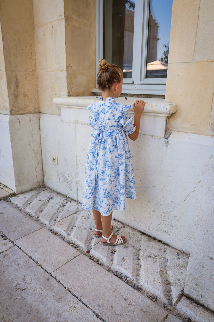 Aoki Dress-Blue Toile | Three-Quarter Length Sleeve