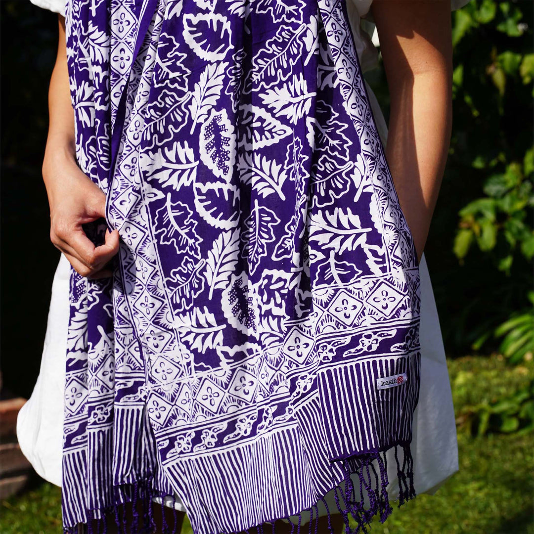 Hand Dyed Batik Scarf, 100% Cotton, Scarves, Bandana, Wrap , Blue Leaves