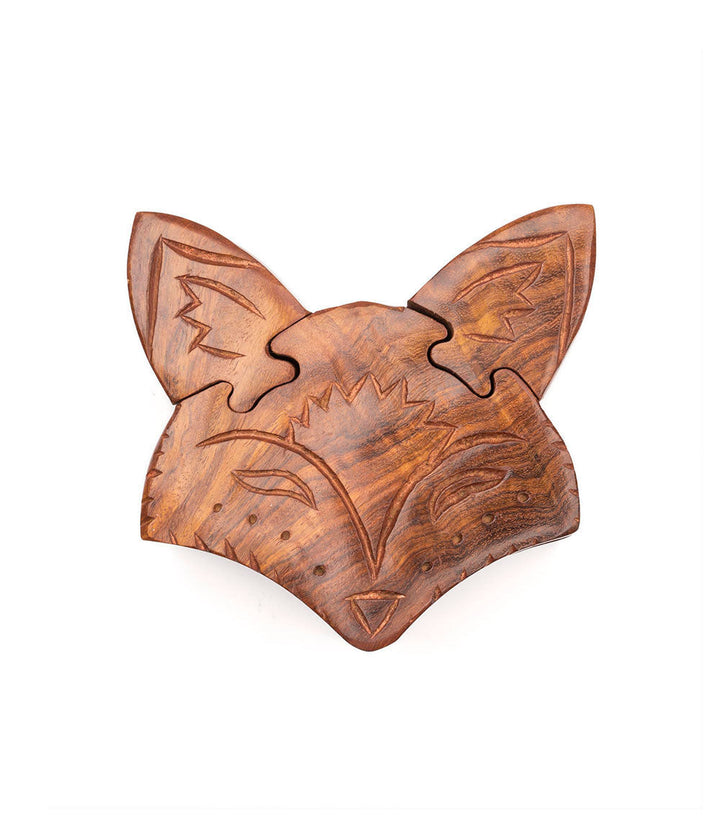 Hand carved wooden fox face puzzle box with pull apart pieces revealing hidden storage compartment