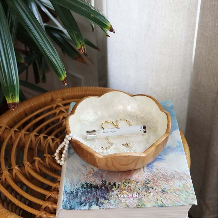 Flowers Teak Wood Bowl with Inner Shell Lining