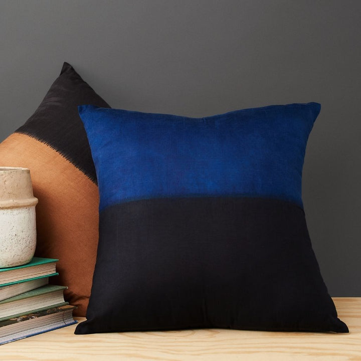 Handmade color block mulberry silk pillow with indigo and black design, ethically crafted by artisans
