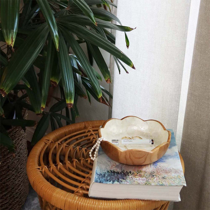 Flowers Teak Wood Bowl with Inner Shell Lining
