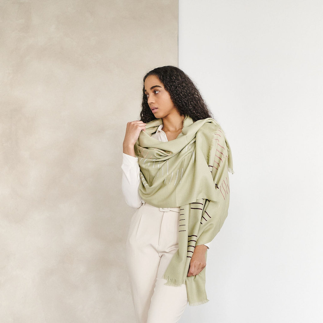 Sea Salt Pastel Green Hand Woven Hand Embroidered Silk Merino Classic Scarf