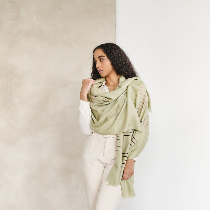 Sea Salt Pastel Green Hand Woven Hand Embroidered Silk Merino Classic Scarf