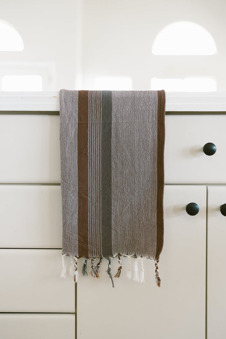 Brown grey handwoven Turkish cotton hand towel with natural texture and traditional artisan craftsmanship