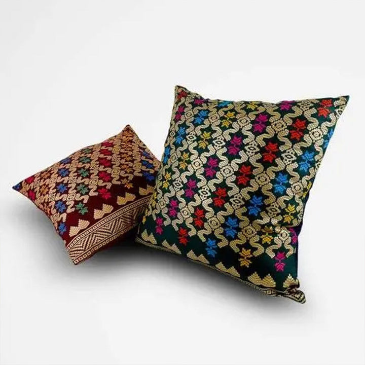 Handwoven Ikat Pillow Cover, Burgundy Red and Gold. Cover Only with No Insert. 16x16 inches, Cushion