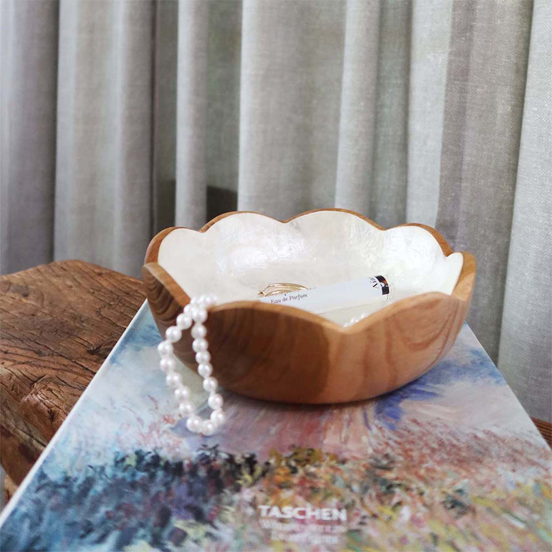Flowers Teak Wood Bowl with Inner Shell Lining