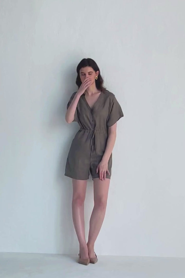 V neck Drawstring Romper in Dark Green