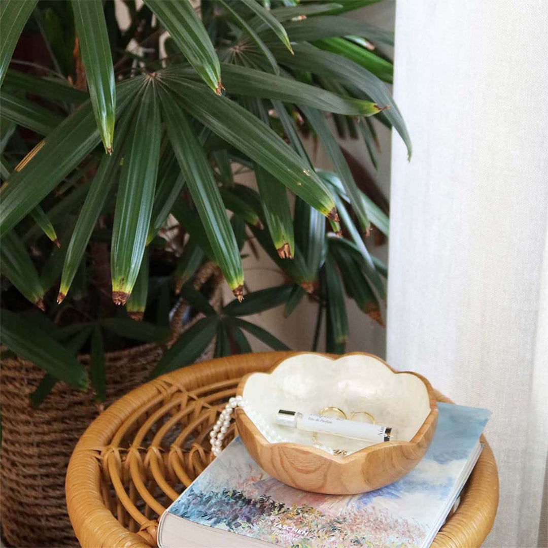 Flowers Teak Wood Bowl with Inner Shell Lining